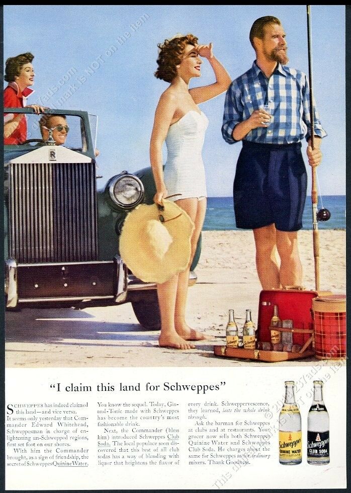 1954 Rolls Royce Convertible Green Car Beach Photo Schweppes Club Soda Print Ad